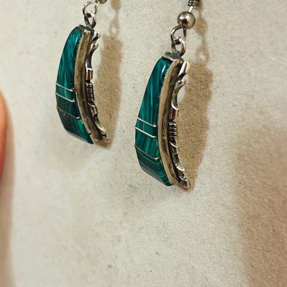 Native American Navajo Sterling Silver Malachite Dangle Earrings Signed - Picture 5 of 10